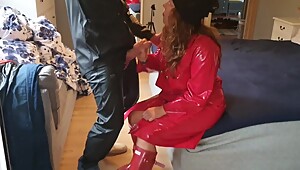 Blowjob by wife wearing shiny raincoat and red Hunter boots
