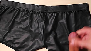 Jerk and Cum on girlfriend black leather sexy panties