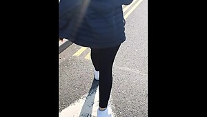 Step mom in black leggings fucked in the car park behind the cars by step son