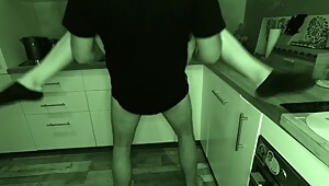 The neighbor's husband is asleep and we fuck quickly in the kitchen BLACK SOCKS, NIGHT VISION